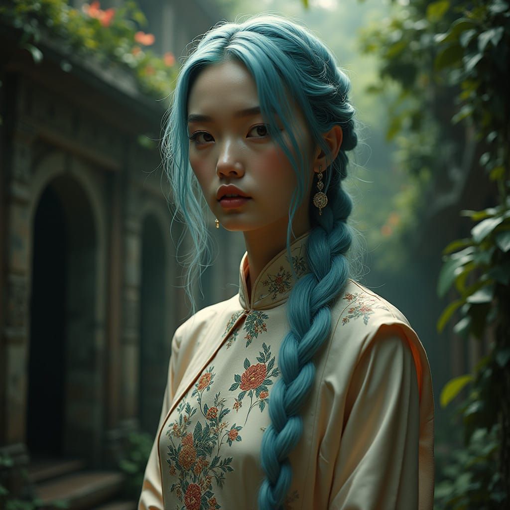 Elegant Young Woman in Traditional Chinese Cheongsam, Agains...