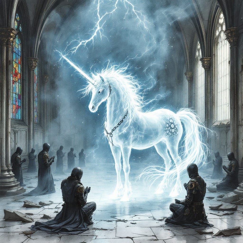 Ethereal Unicorn in Ruined Cathedral, Mixed Media Fantasy