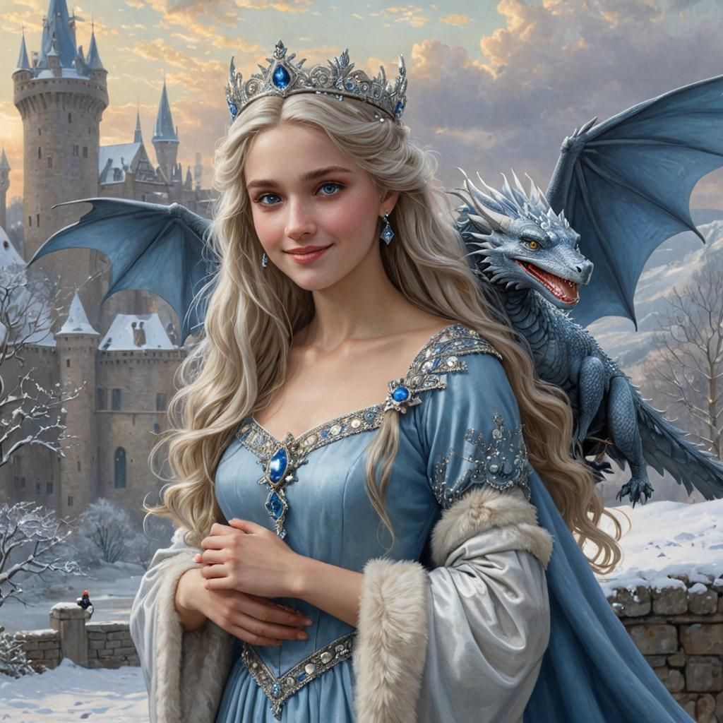 Snow Queen and Dragon Companion, Leighton Style