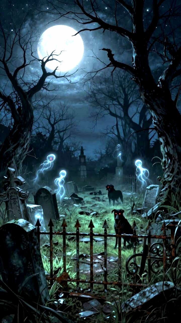 Eerie Graveyard Under Moonlit Sky with Ghostly Wisps