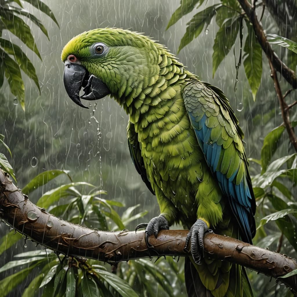 Amazon Parrot Shelters Young in Ethereal Charcoal Drawing