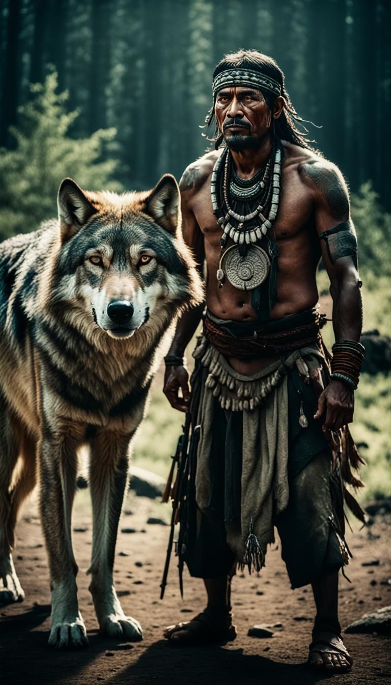 Tribal Man and Wolf: Cinematic Photograph