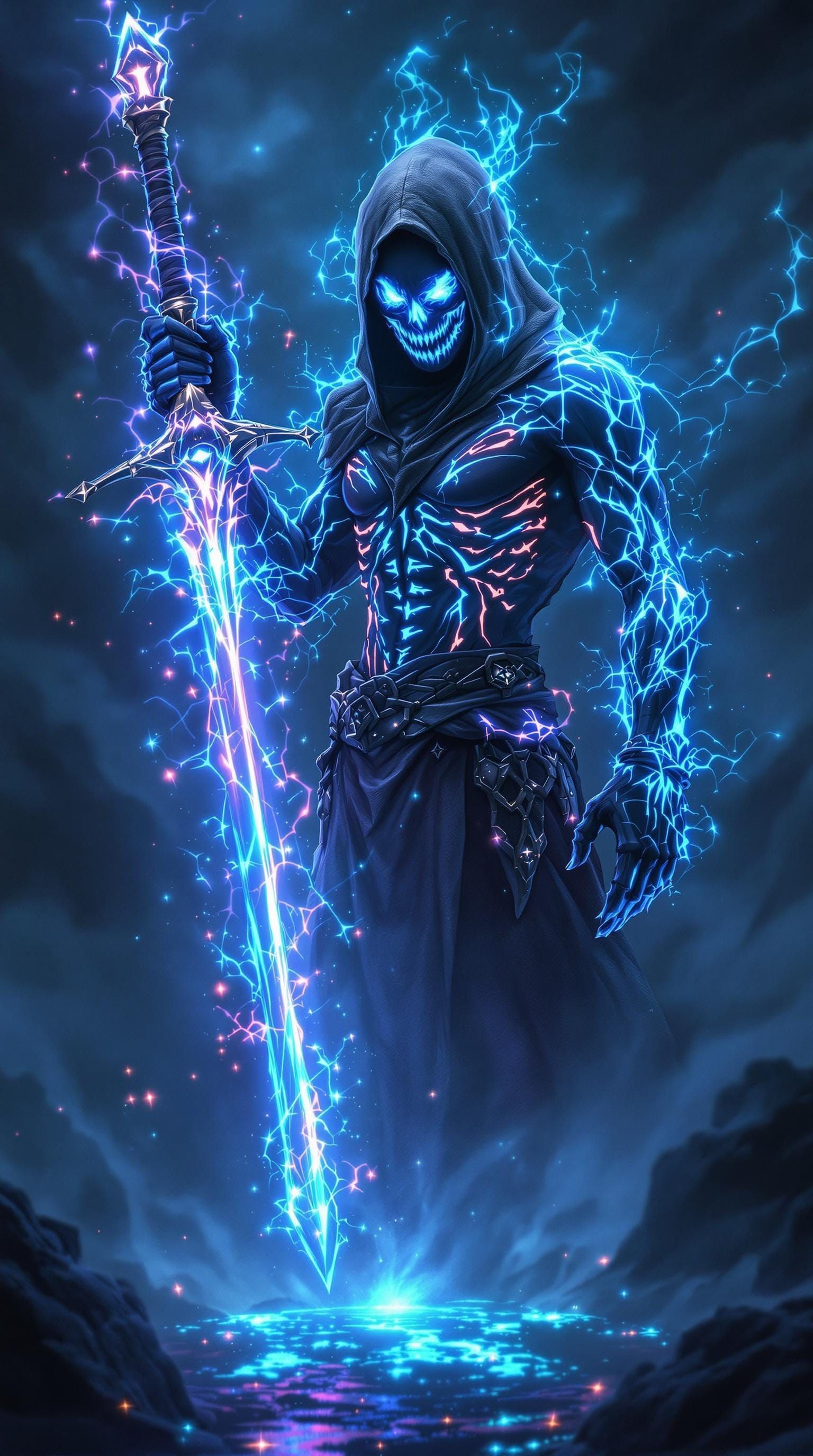 Ethereal Warrior with Glowing Tattoos and Radiant Sword