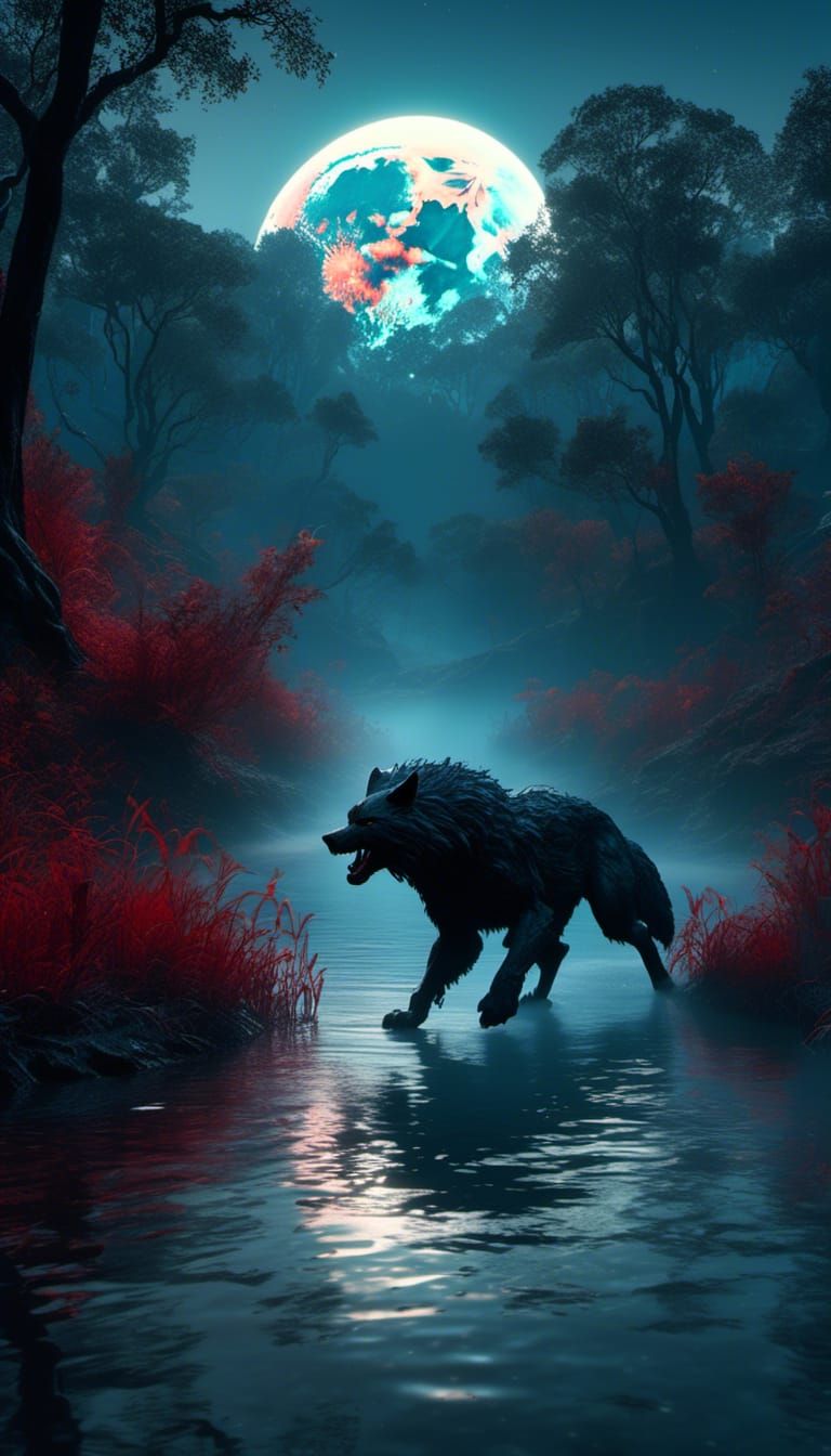 Silhouette of a Werewolf Running in a Dark Jungle