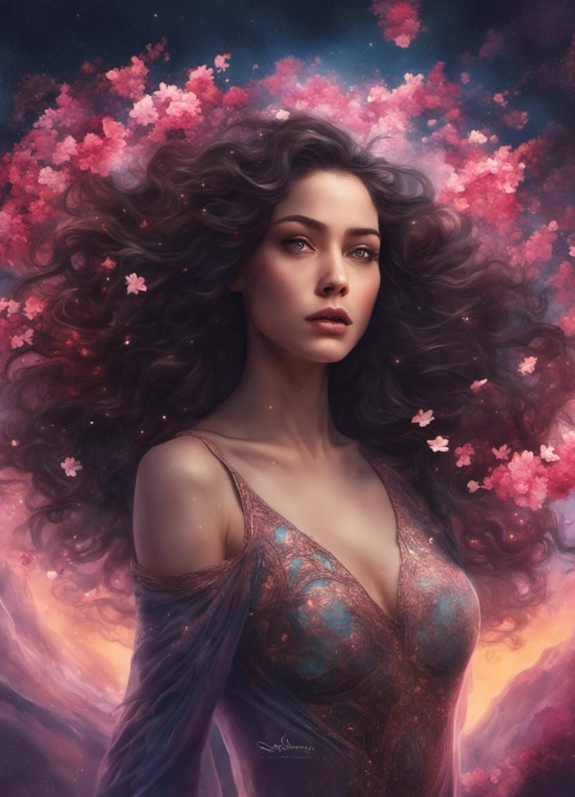 Fantasy portrait of a woman with a gorgeous symmetrical face and really long dark brown curly hair blowing in the wind, ...