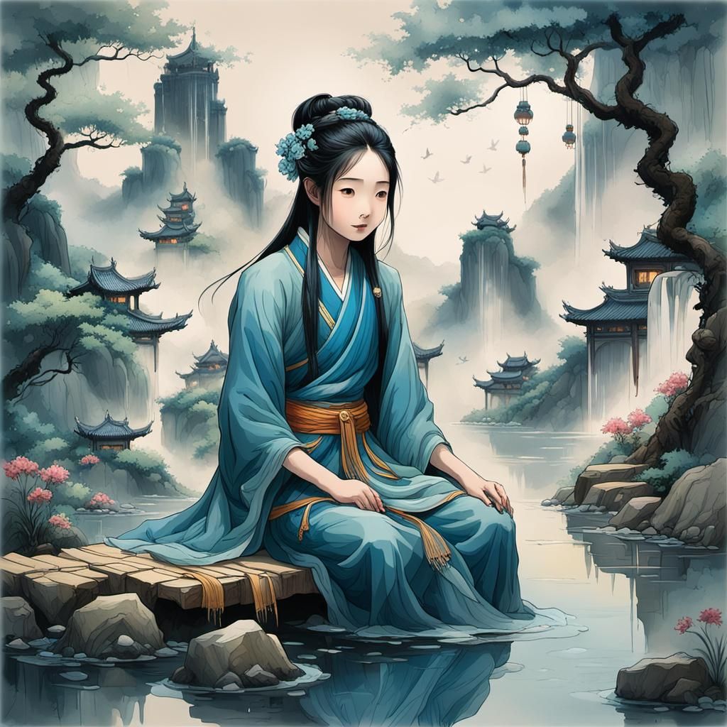 Ethereal Chinese Landscape with Misty Mountains