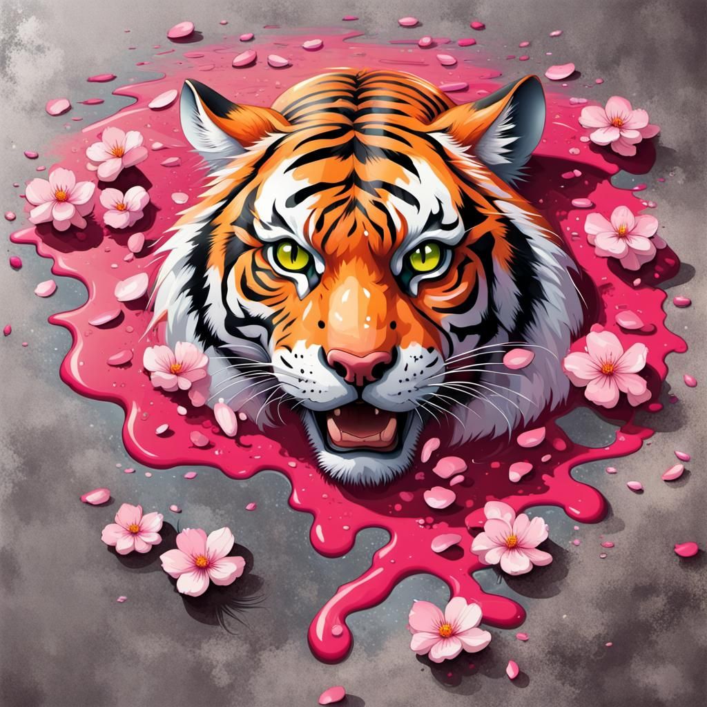Anime Tiger Surrounded by Sakura Petals Graffiti