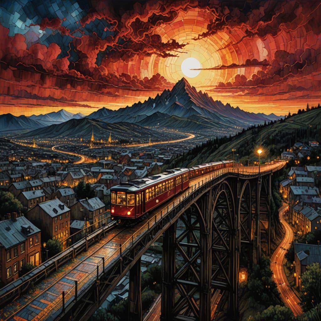 Alien Tram Crossing Bridge in Surreal City: Alcohol Ink Art