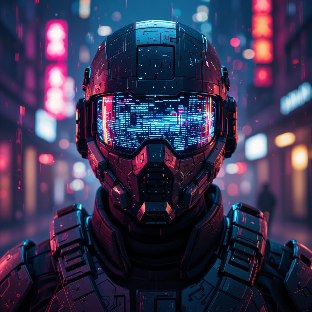 Futuristic Soldier with Glitching Digital Mask in Cyberpunk ...