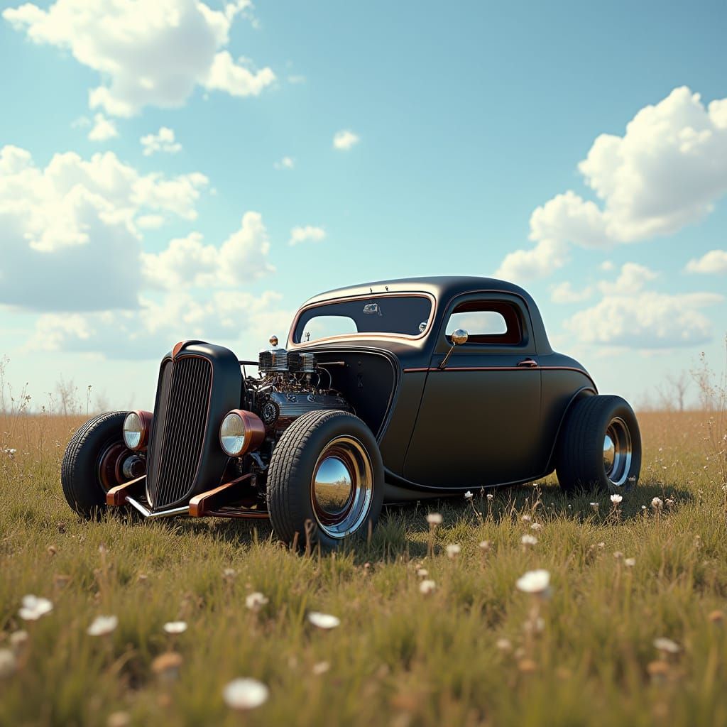 Vintage Rat Rod Ford Coupe Basks in Sunlit Meadow