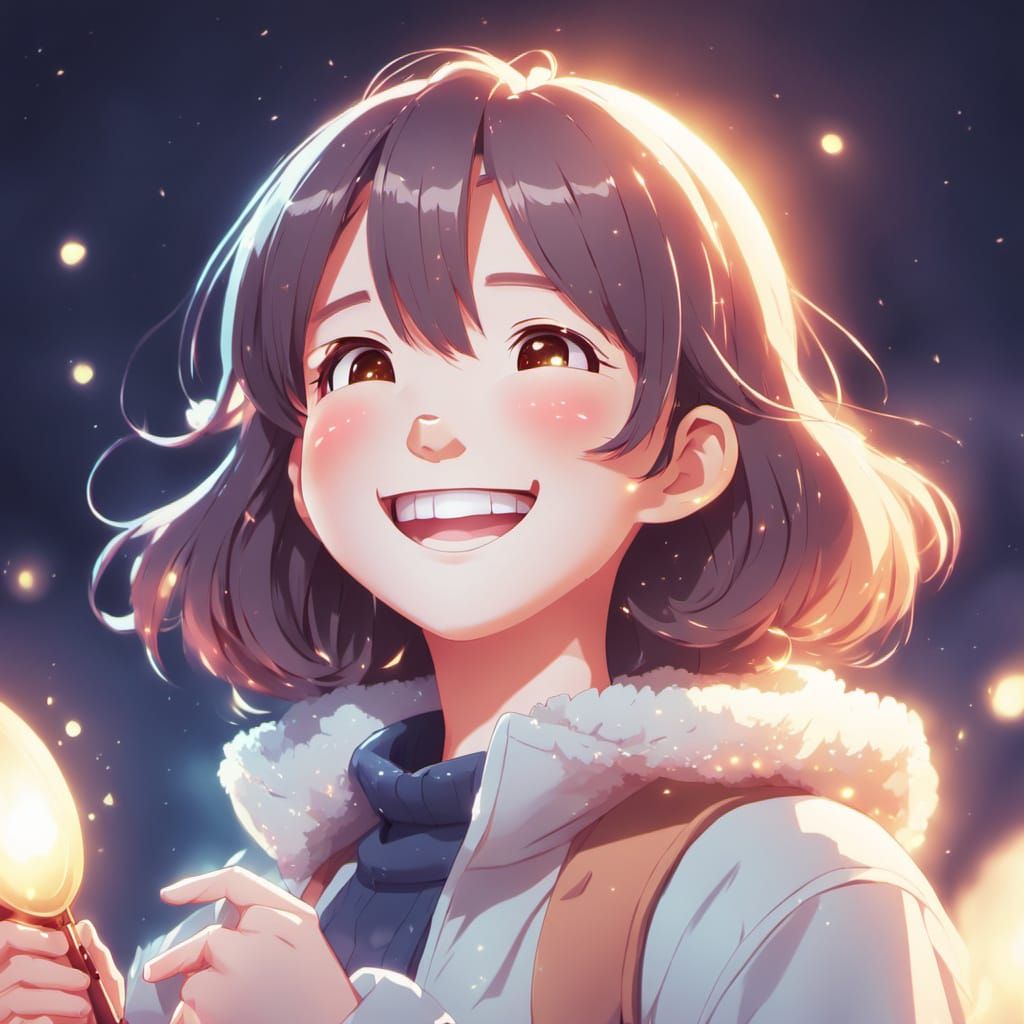Cute Anime Girl Laughs Holding Light in Pastel Colors
