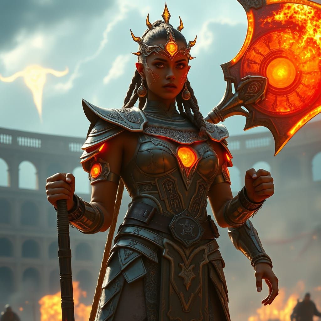 Solar-Forged Warrior Kaira in a Cinematic Film Still