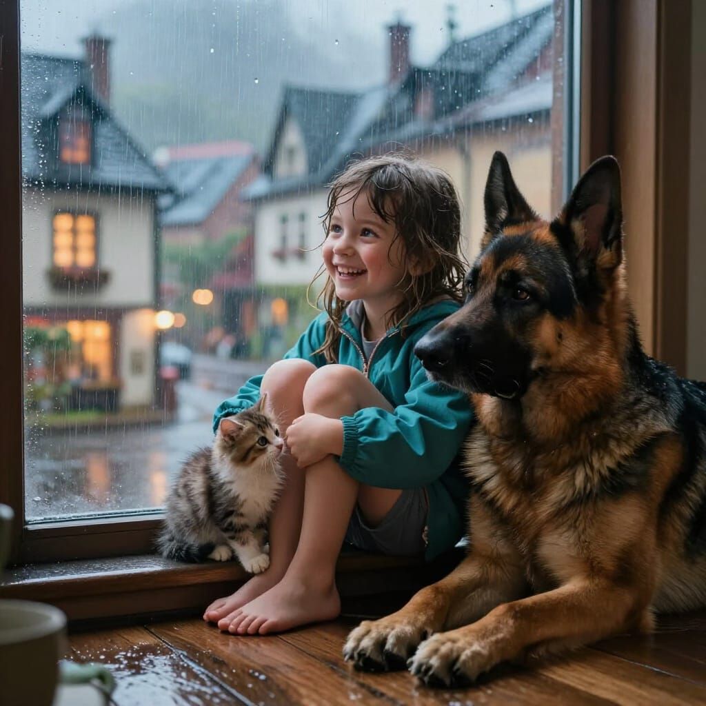 Girl and Pets Find Joy Indoors During Rainy Day