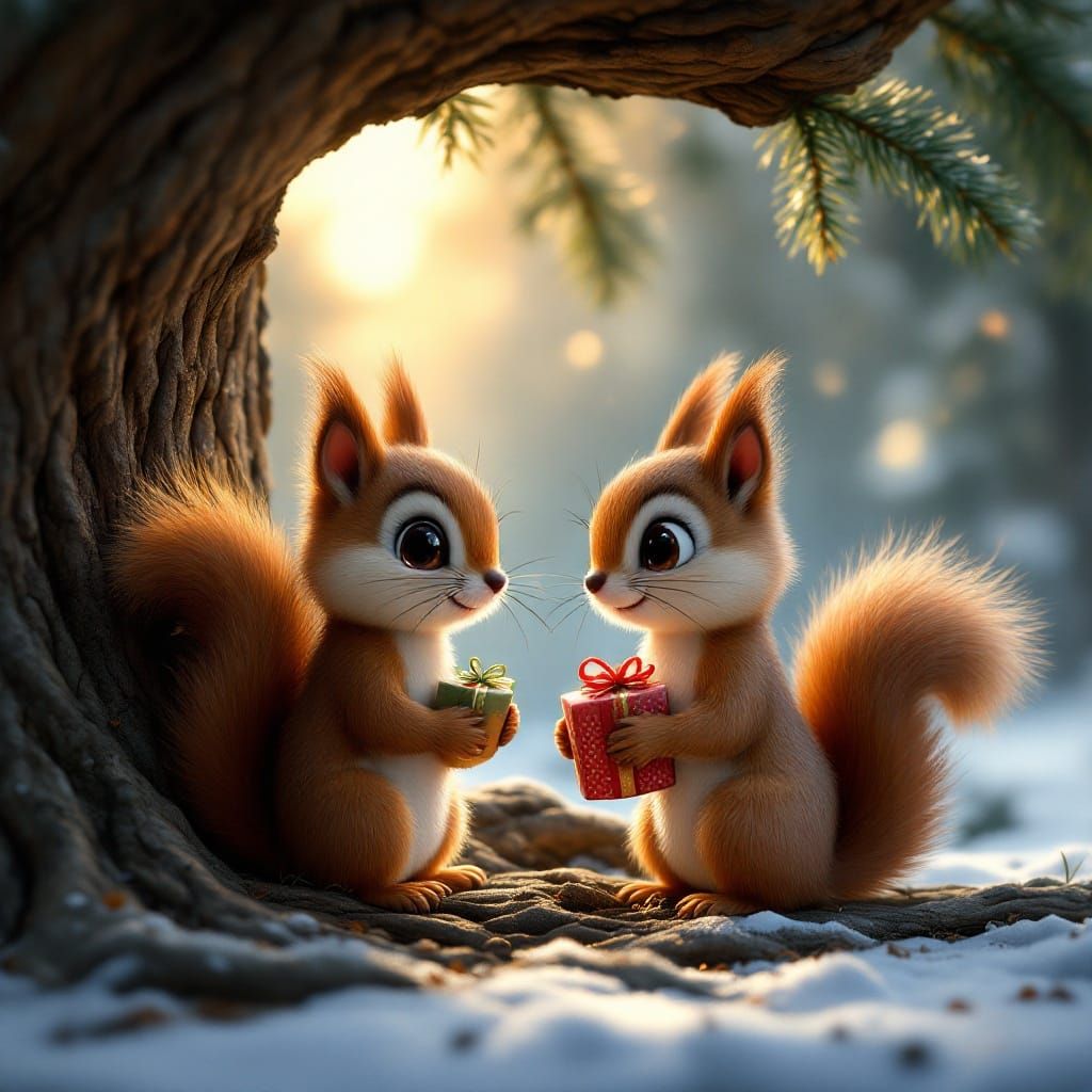 Cozy Pine Tree Scene with Secret Gift-Giving Squirrels