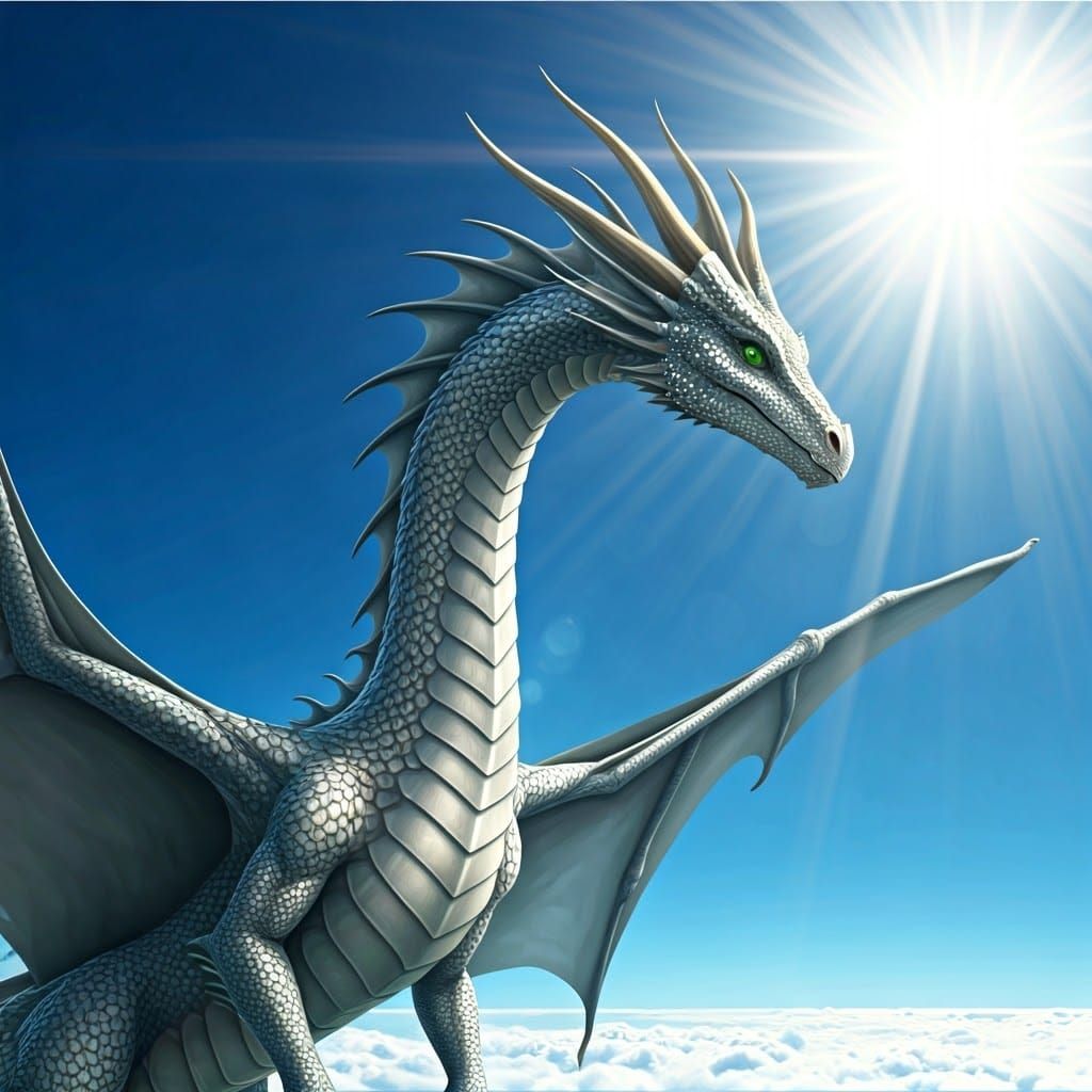 Majestic Silver Dragon Soaring in a Fantasy Sky