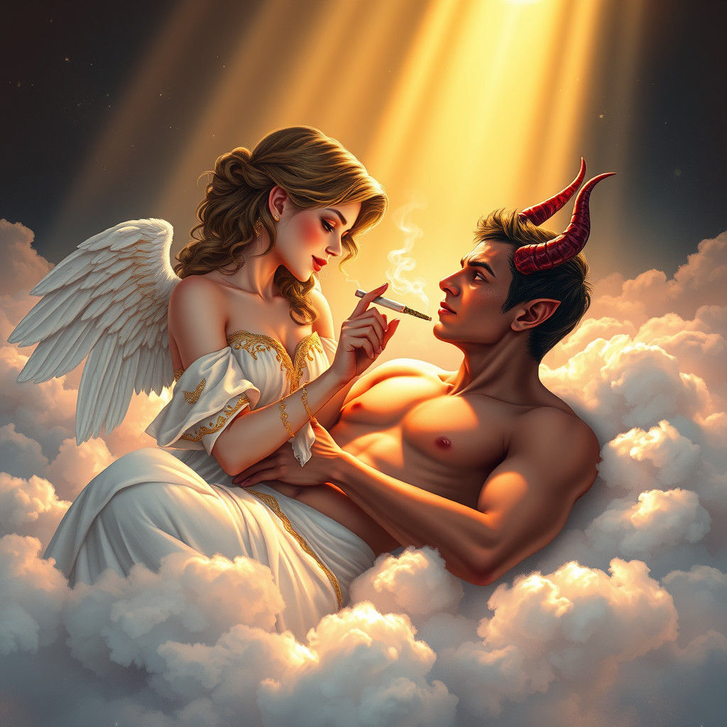 Angel and Devil Sharing a Joint in Heaven