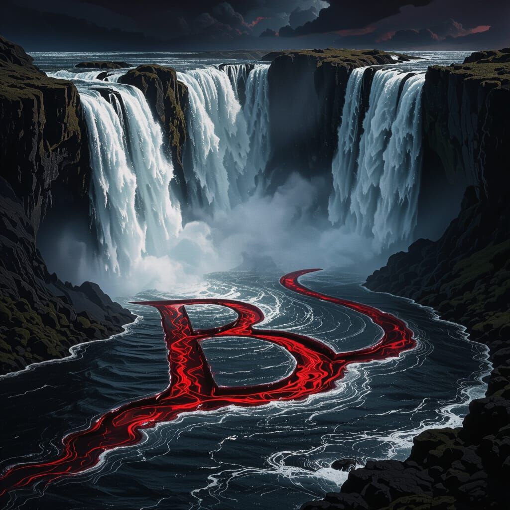 Epic Fantasy Waterfall With Blood-Formed Letters B L