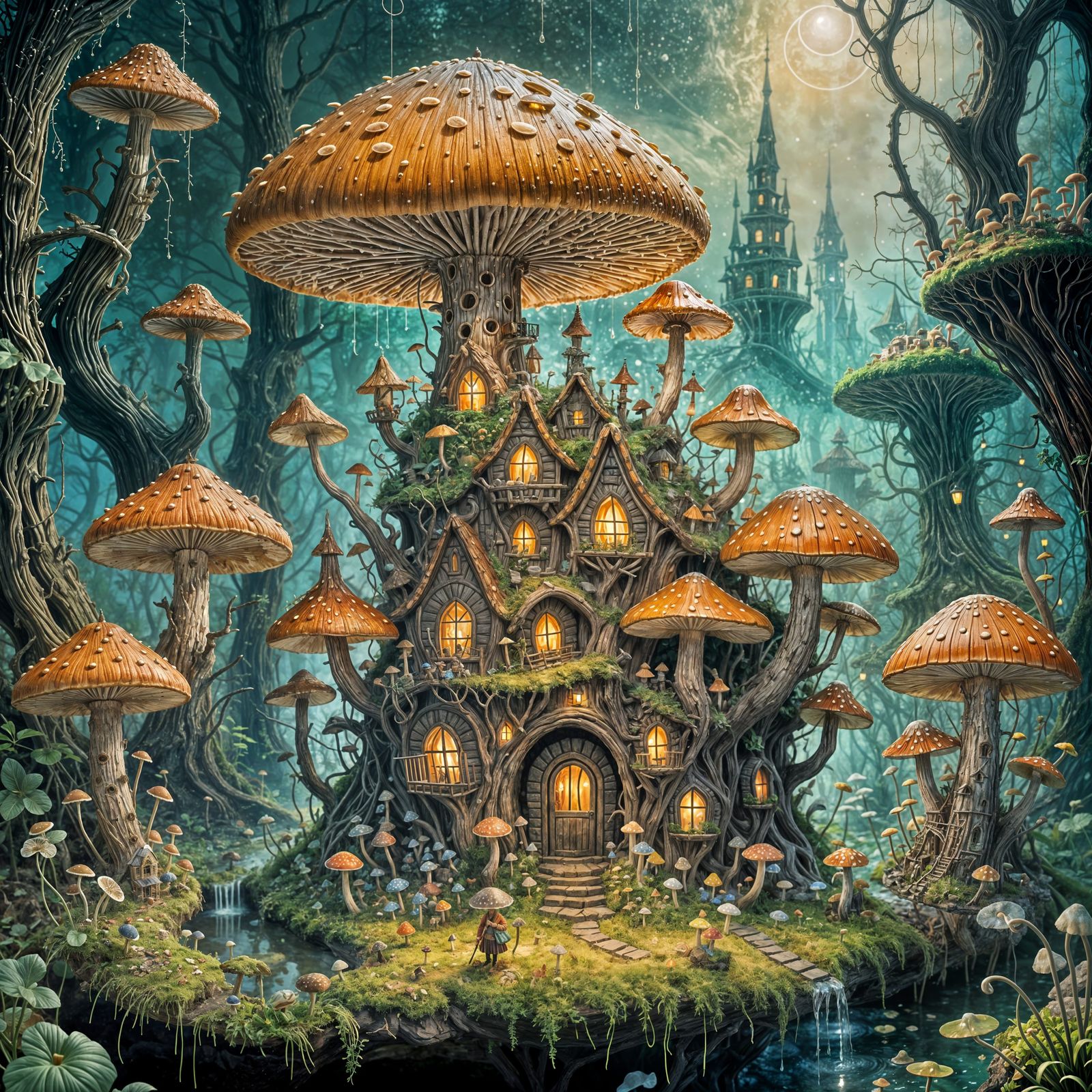 Miniature Village on Giant Mushroom Cap with Glowing Fungi