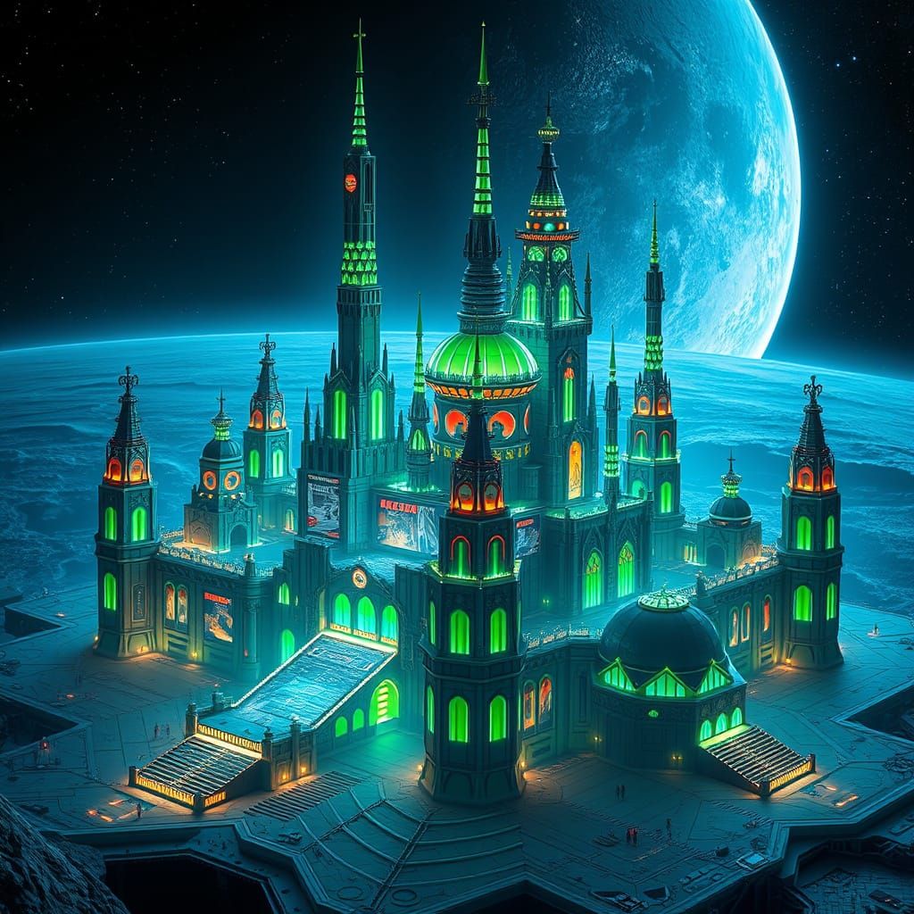 Lunar Futuristic Castle Space Station in Cyberpunk Style