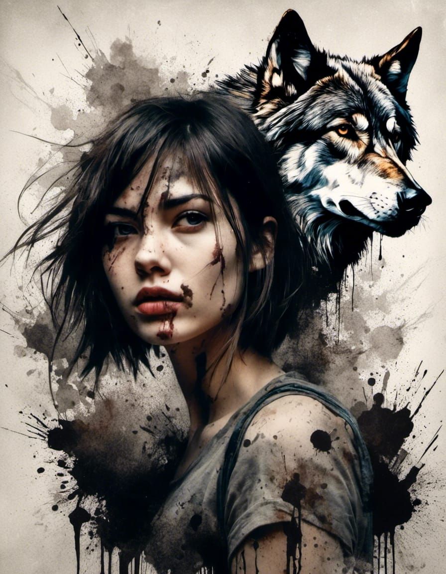 Girl and Wolf Ink Splatter Art
