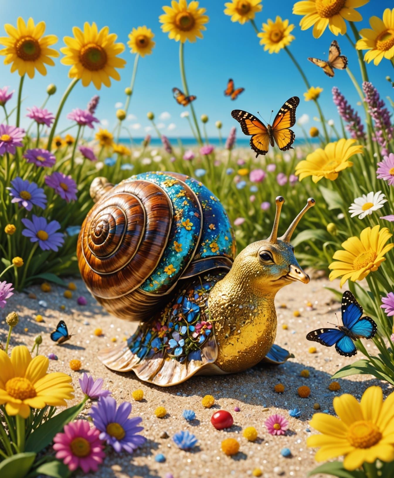 Vibrant Snail Celebrates Spring in a Colorful Meadow