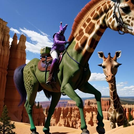 Green Robot Rides Giraffe in Bryce Canyon