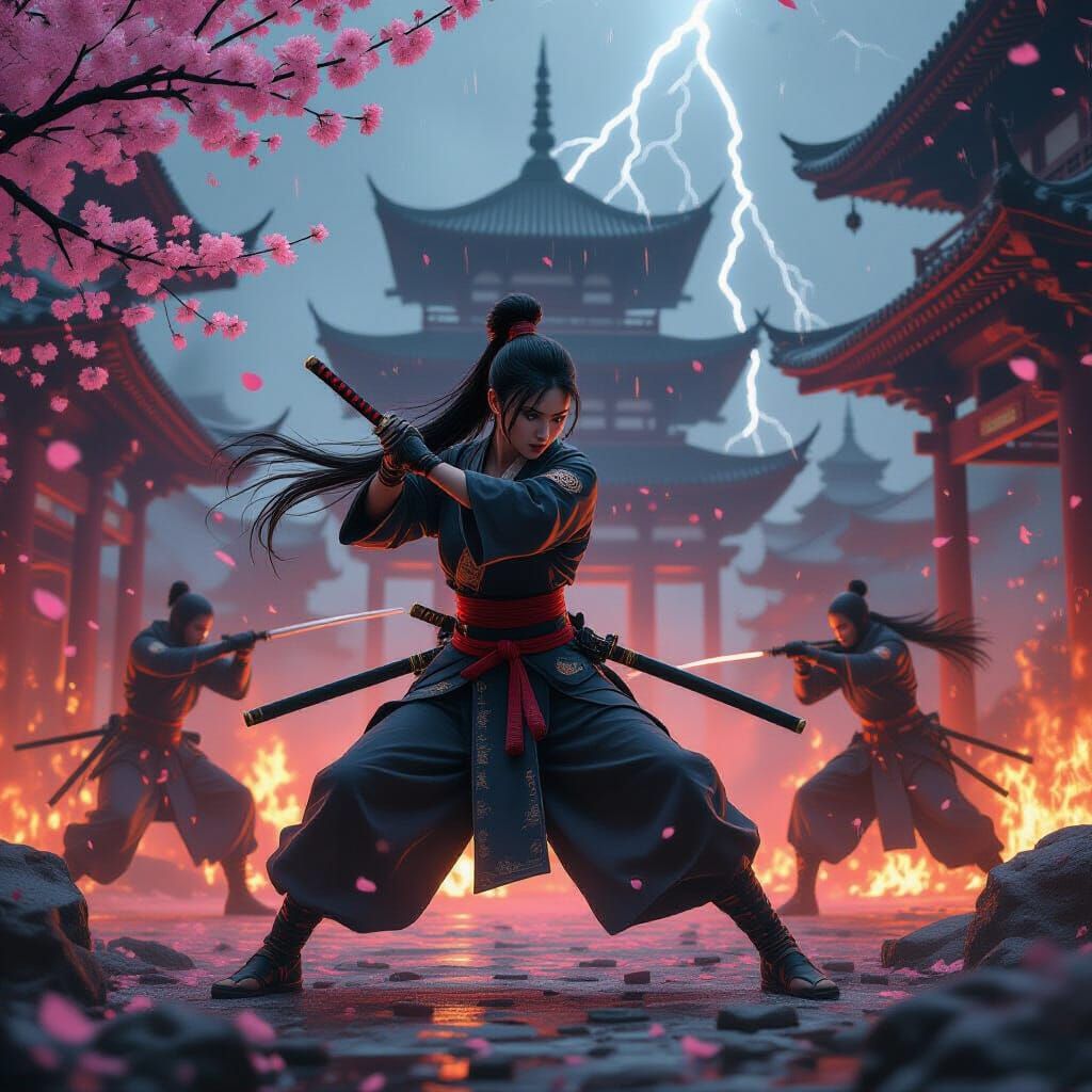 Cyberpunk Ninja Battle at Cherry Blossom Temple
