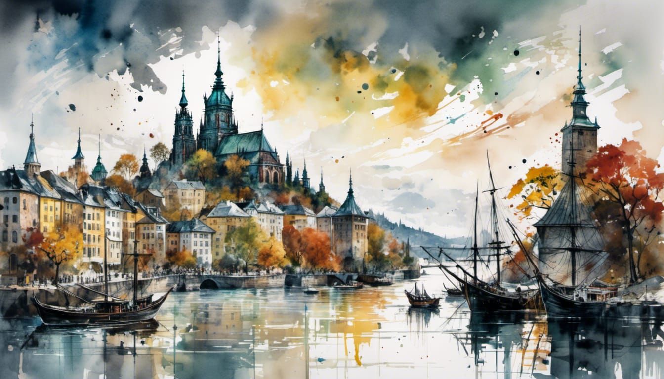 Vasa Ship Docks at Stockholm: Ink Drawing