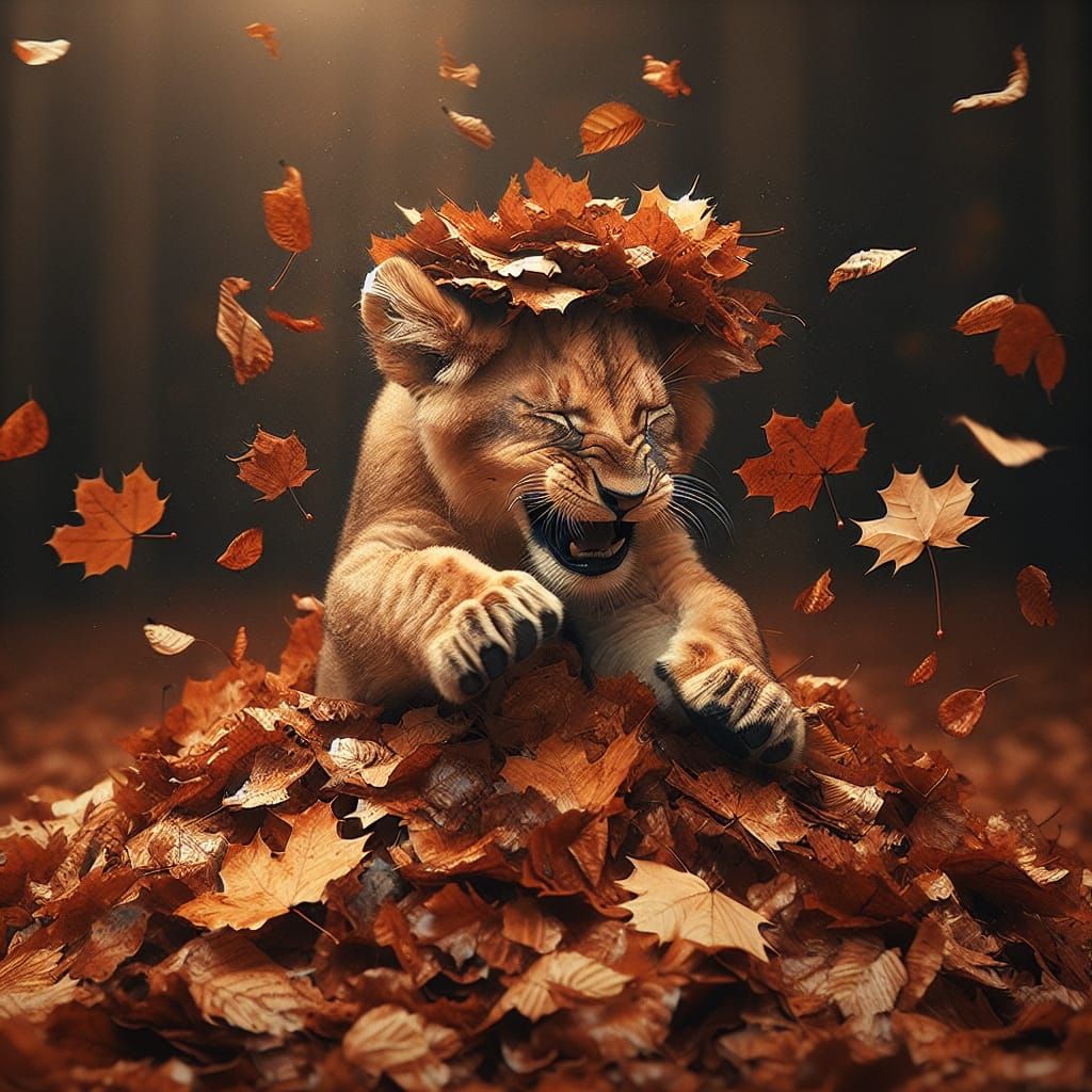 Joyful Lion Cub Playing in Autumn Leaves