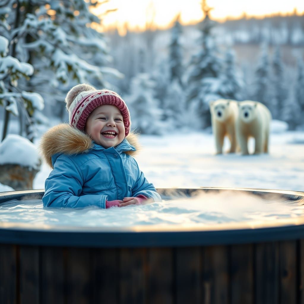 Joyful Winter Wonderland with Polar Bears and Happy Child