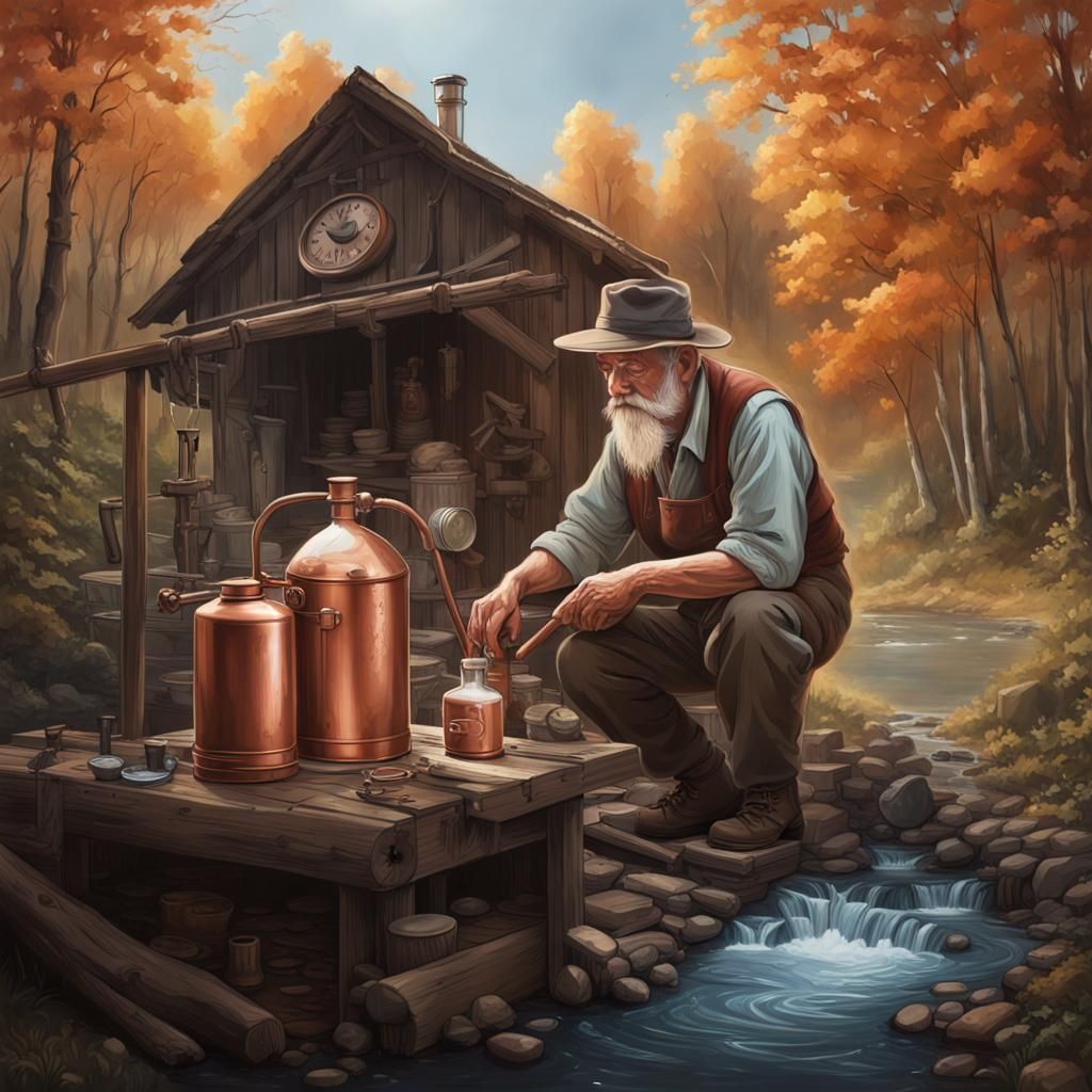 Detailed Hyperrealistic Image of Moonshiner in Woods
