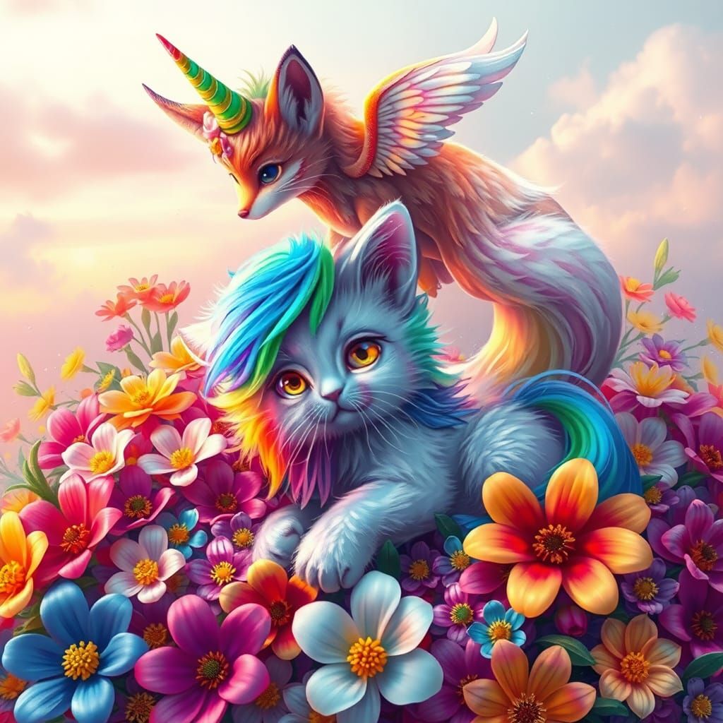 Rainbow Kitten Unicorn in Exotic Flowers, Fantasy Art