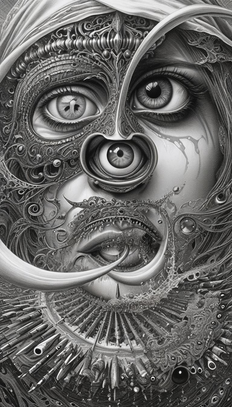 Surreal Pencil Drawing of Veiled Woman with Vikings