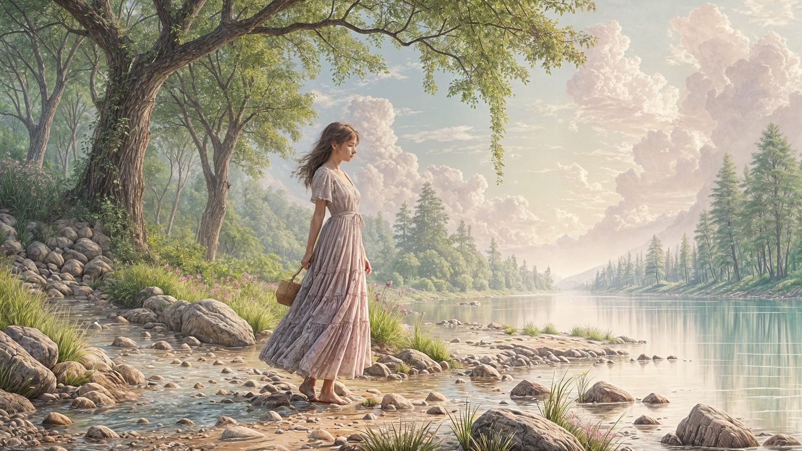 Surreal River Landscape in Soft Pastel Watercolor and Oil