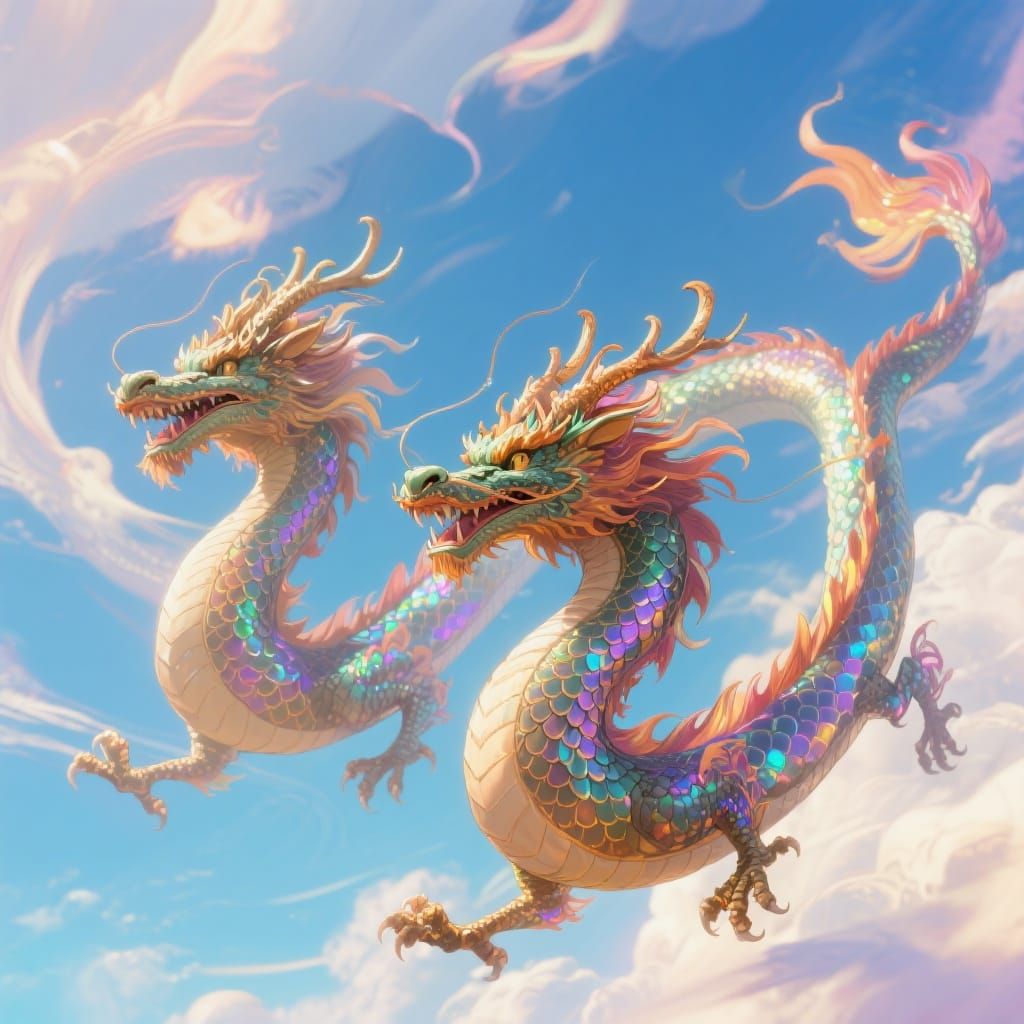 Twin Dragons Fly in Anime Style