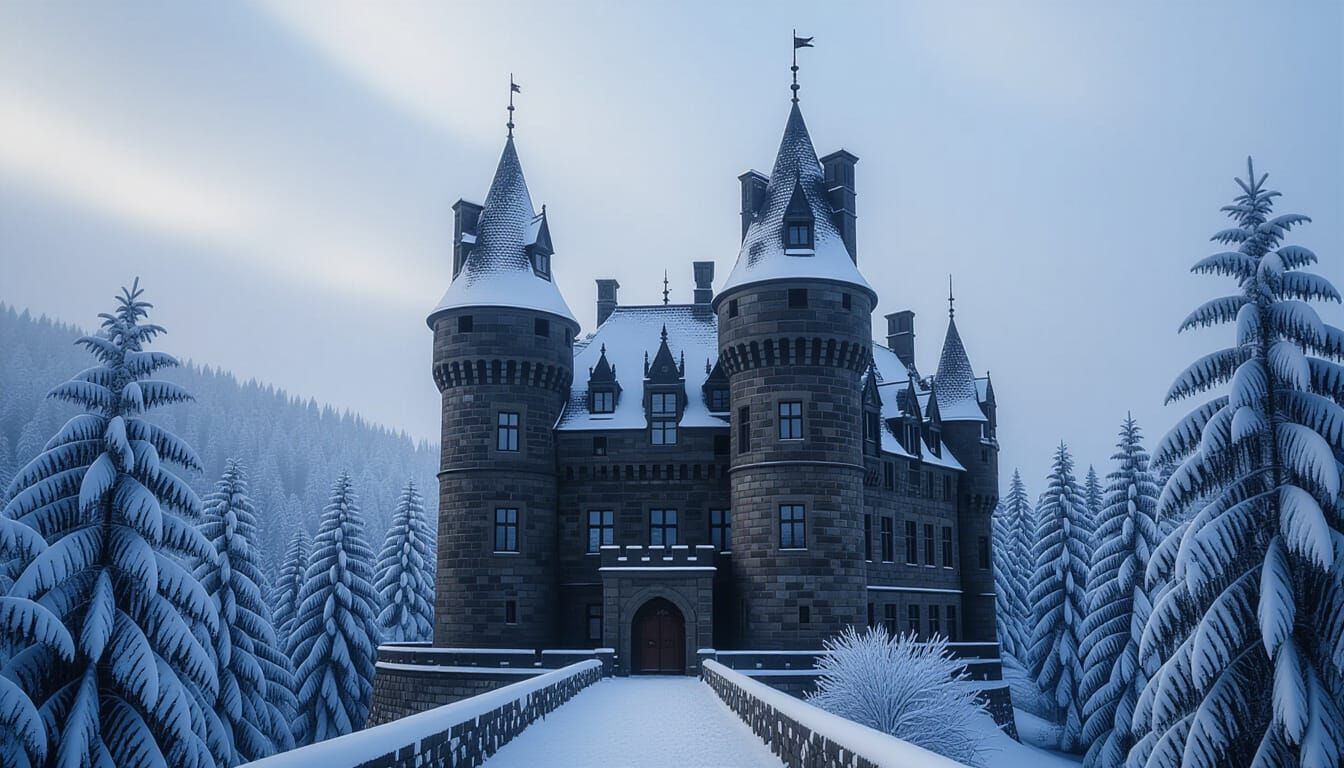 Magnificent Snow-Covered Castle in Dramatic Winter Landscape