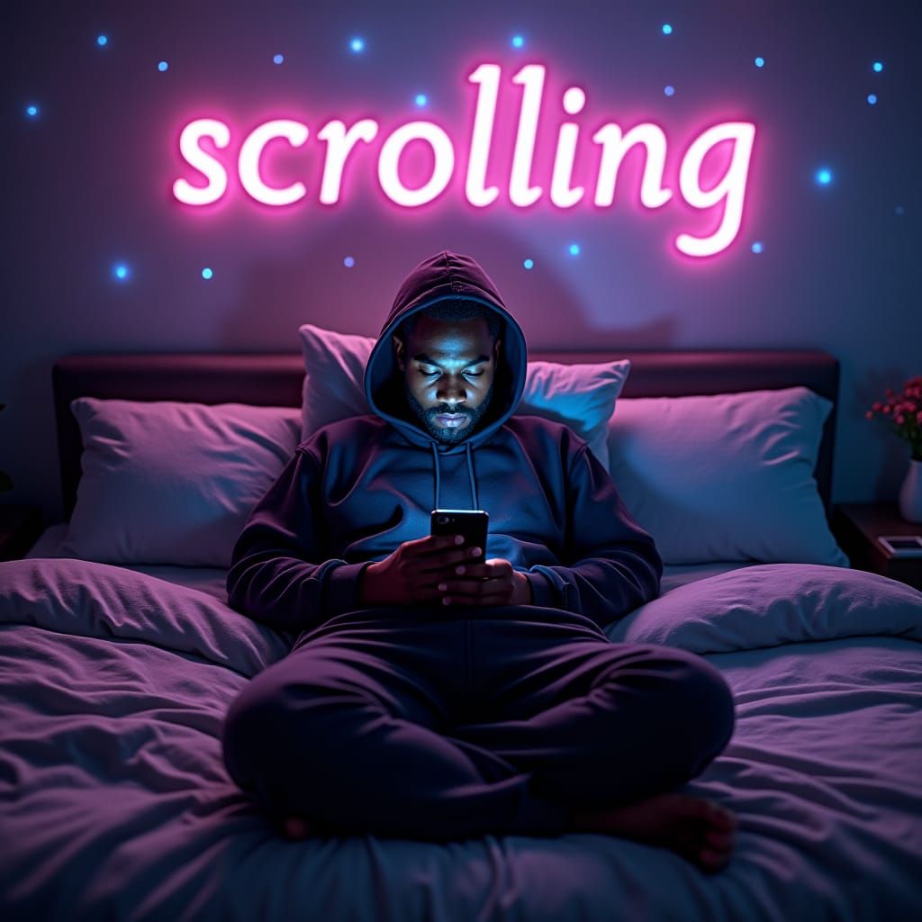 Man Scrolling in Bed with Cosmic Aura