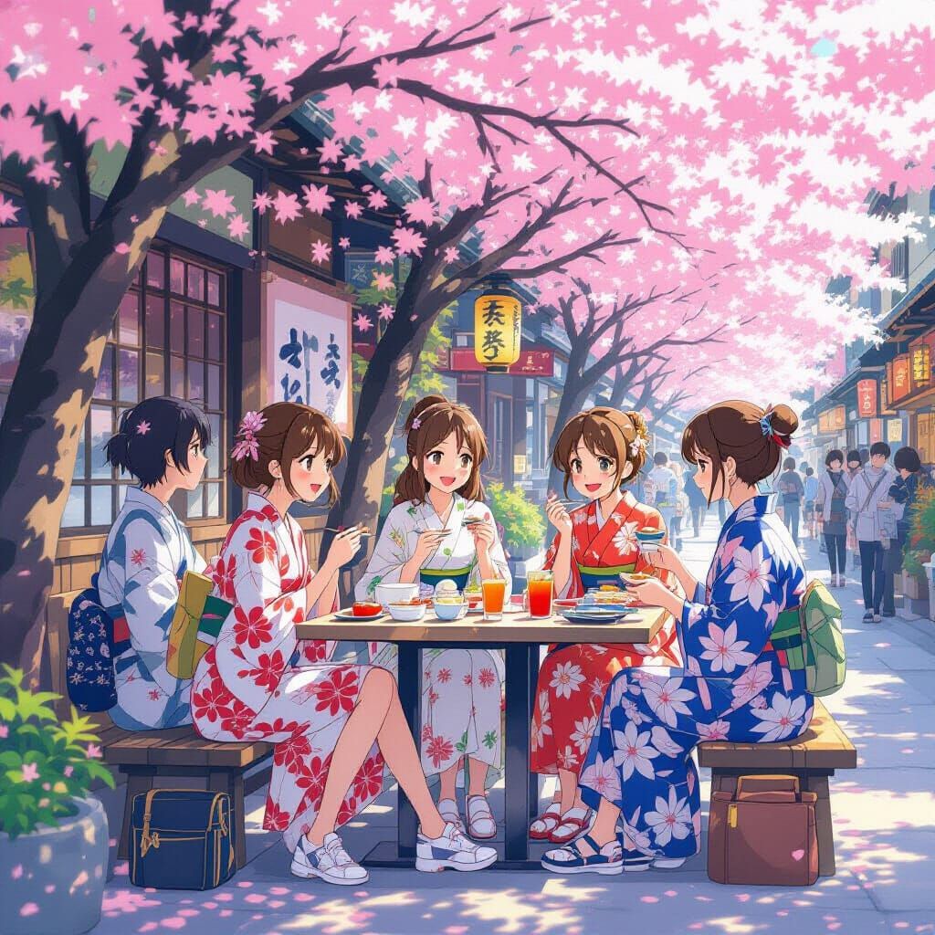 Anime Girl with Friends Enjoying Sushi Under Cherry Blossoms