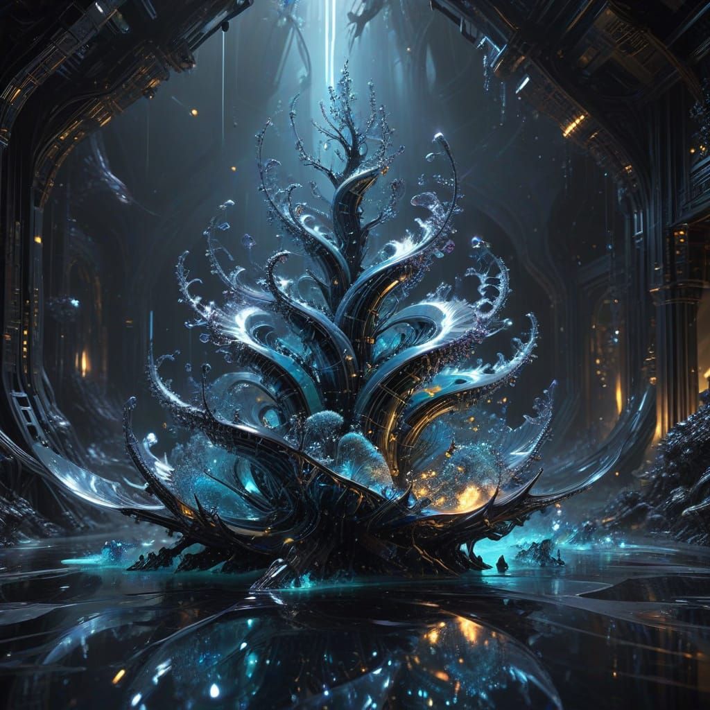 Hyper-Realistic Glass Mandelbrot Set in Cosmic Dreamscape