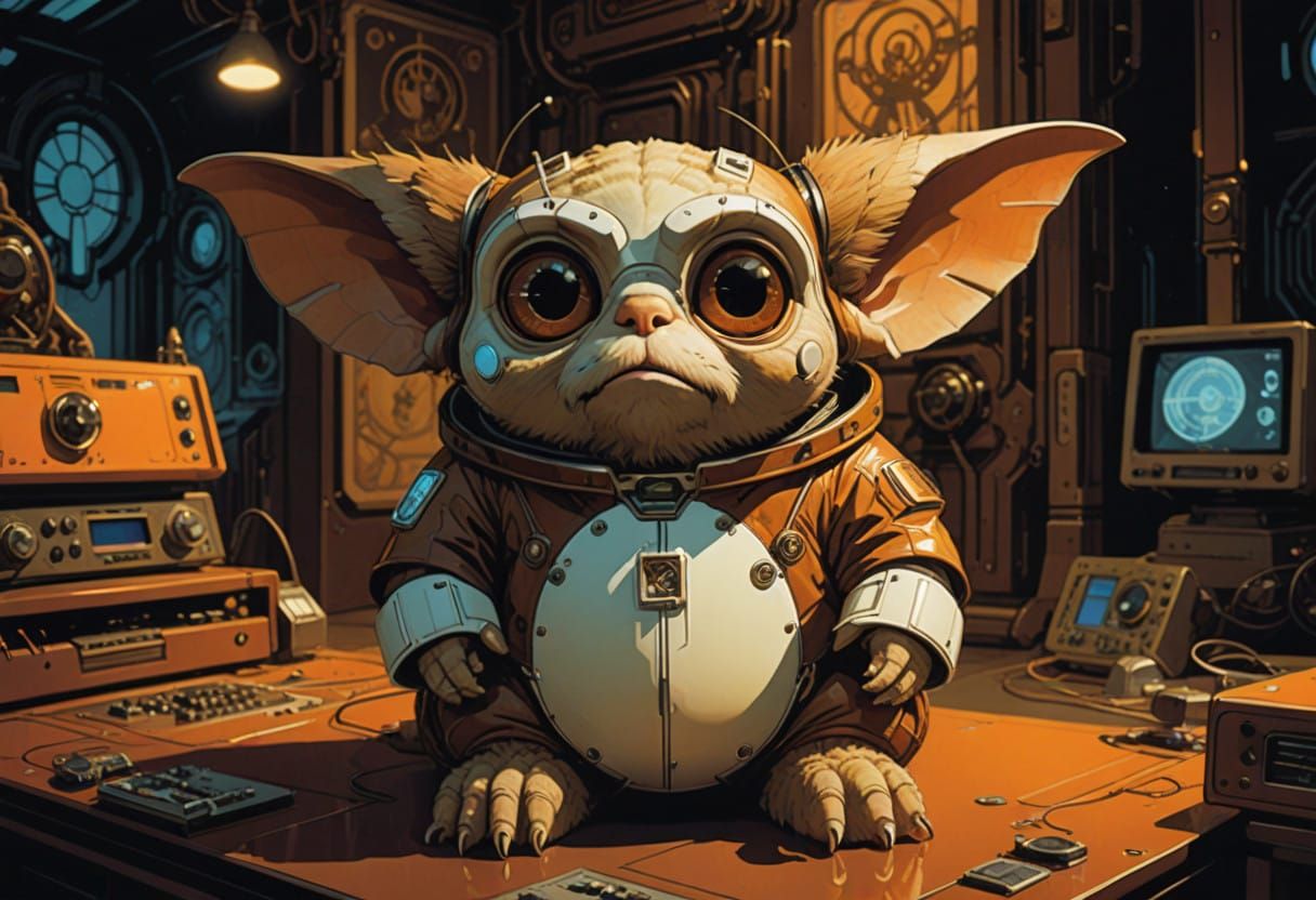 Whimsical Mogwai in Vintage Electronics Paradise