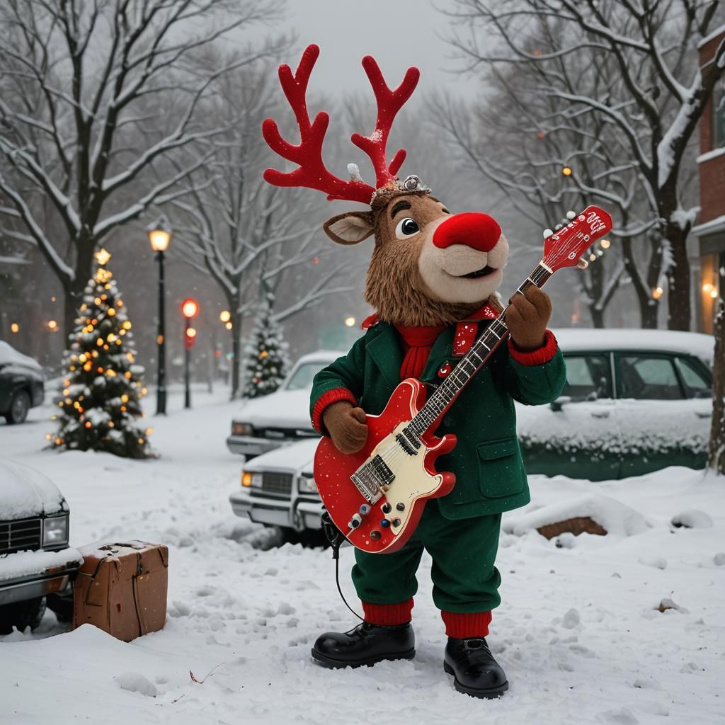 Rudolf Rocks Christmas with Red Electric Guitar