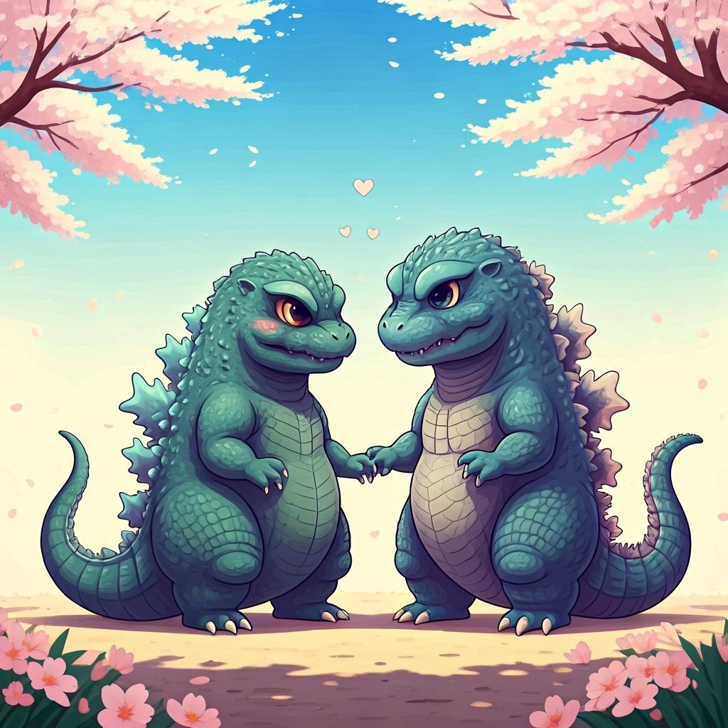 Chibi Godzilla & Mothra Adorable Date Under Cherry Blossoms