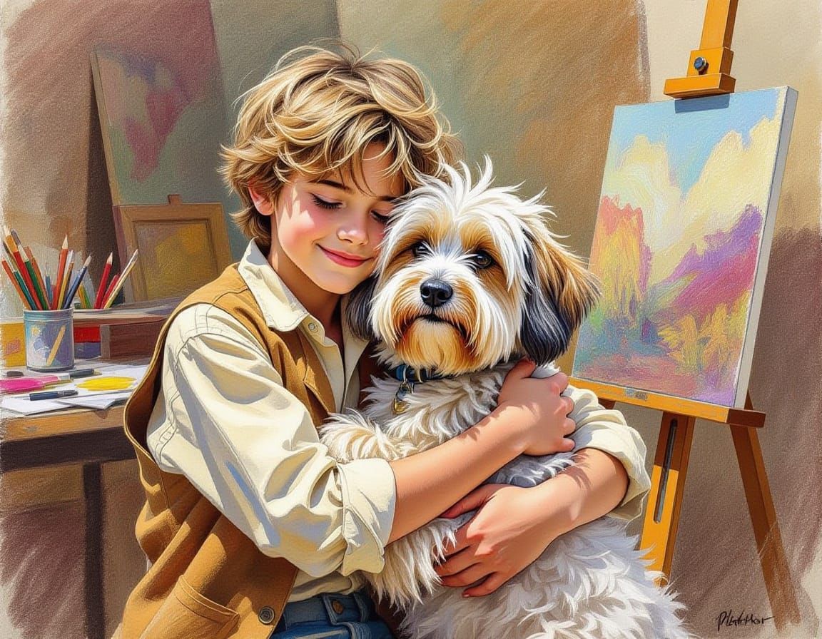Boy and Dog Hugging in Rustic Art Studio