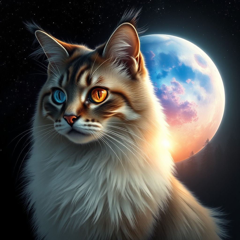 Cosmic Cat with Extraterrestrial Aura in Dreamlike Landscape