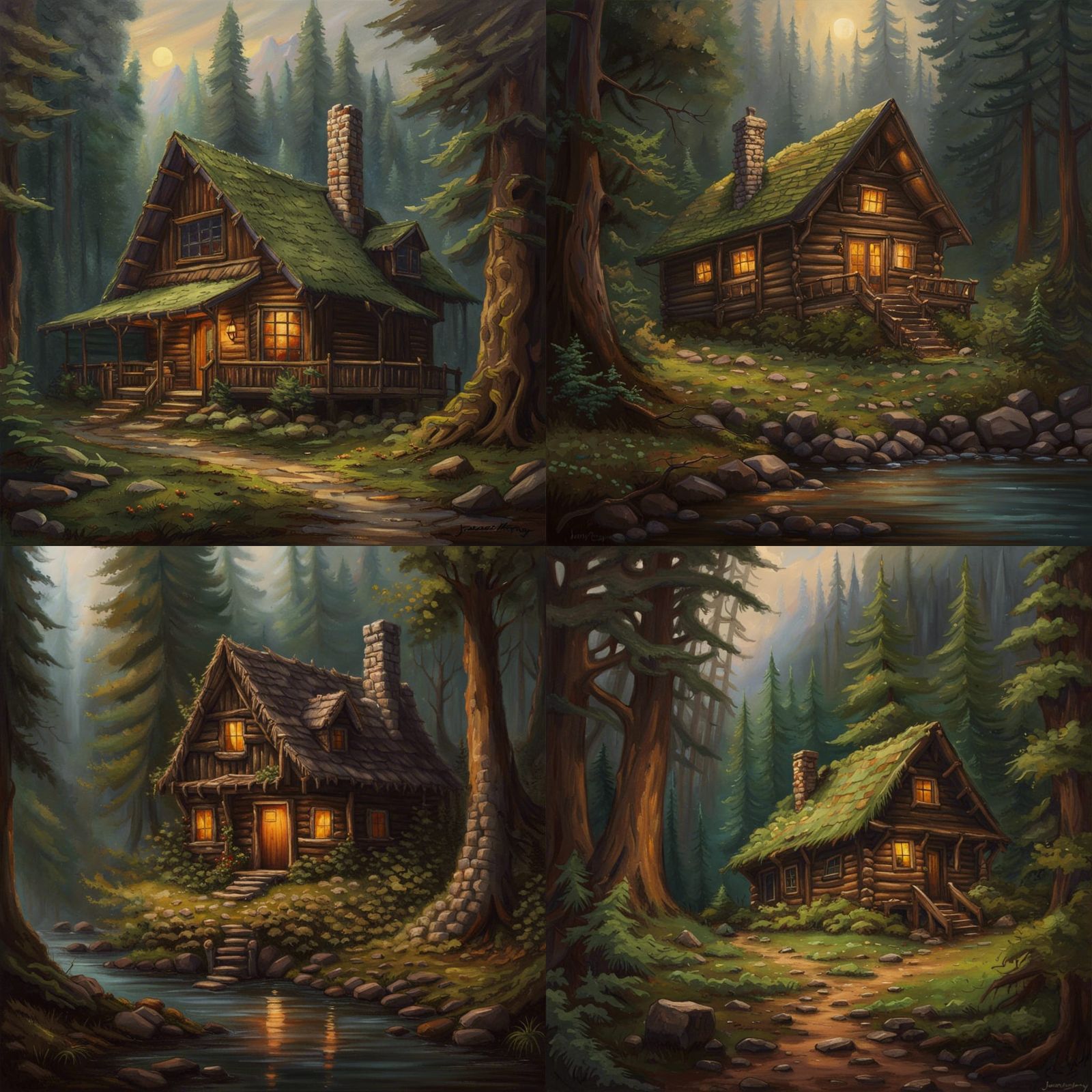 Cozy Cabin in Evergreen Forest, Oil Painting Style