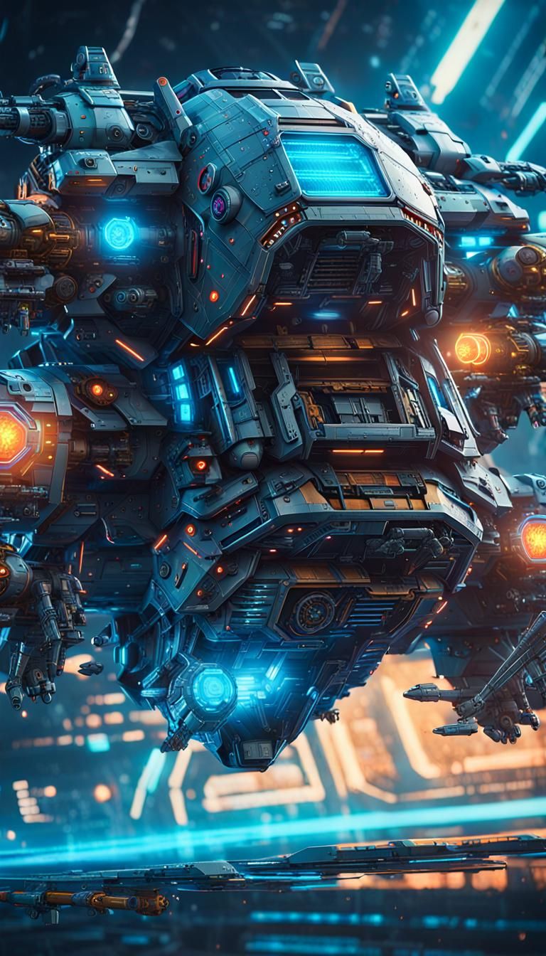 Cyberpunk War Spacecraft Concept Art in Space