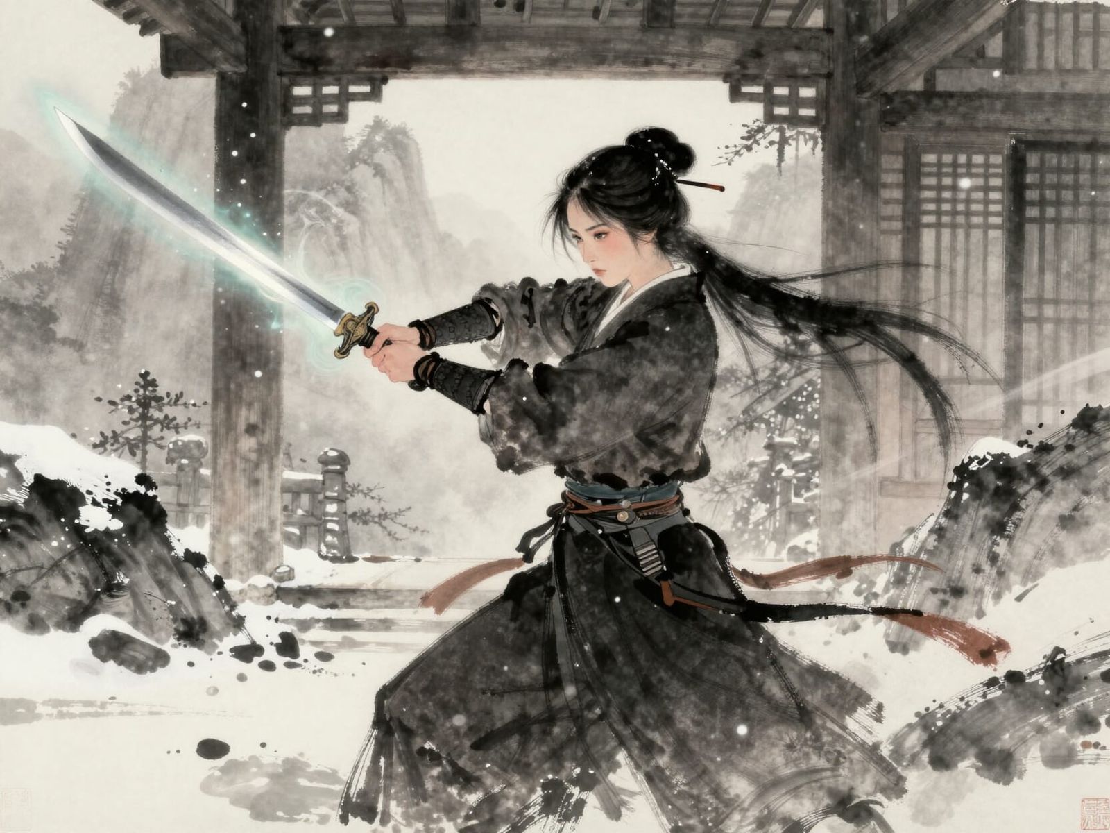 Warrior Woman Practices With Ancestral Blade in Mountain San...