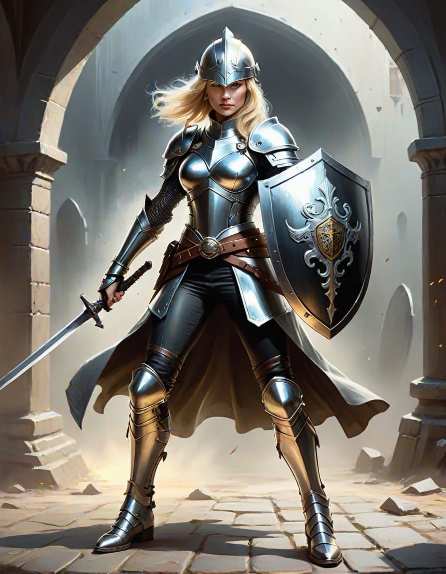 Ethereal Blonde Woman Warrior with Sword and Shield