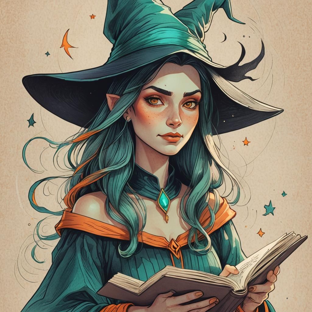 Enchanting Witch Reading Book in Disney Cartoon Style