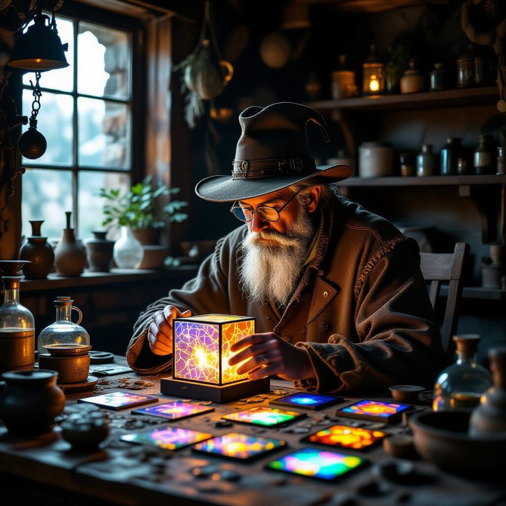 Old Alchemist in Workshop with Shimmering Elemental Squares